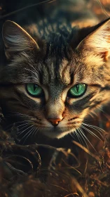 Emerald eyed tabby cat resting softly in golden evening light.