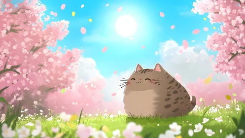 Tabby Feline Character Amidst Cherry Blossom Scene Rendering