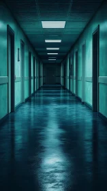 Deserted teal hospital corridor with reflective floor lighting.