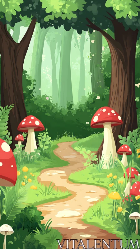 Enchanted Forest Path With Amanita Muscaria Mushrooms and Verdant Foliage