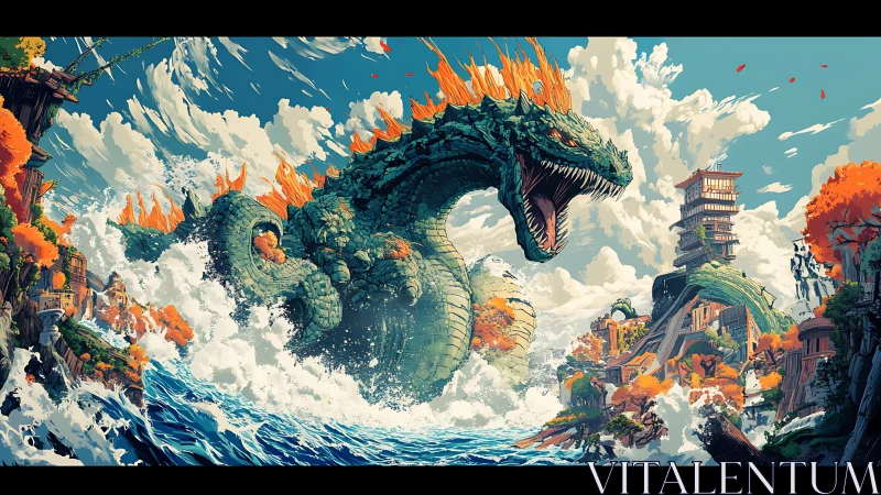 Sea creature emerges amid coastal structures and rough waves