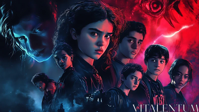 Teen heroes confront neon storm under looming monster gaze.