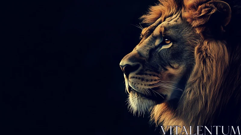 Golden-maned lion gazing calmly into the quiet dark.