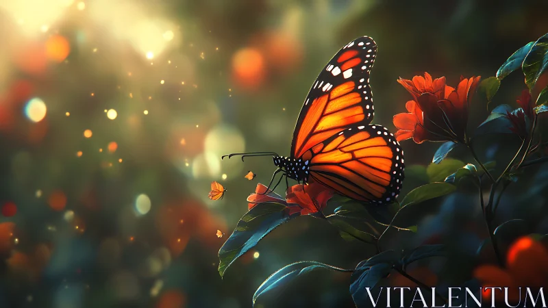 Luminous monarch butterfly rests on flowers in cinematic bokeh light