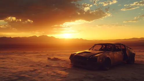 Rusting muscle car rests on sunlit desert salt flats.
