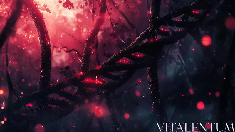 Glowing red forest vines with floating luminous particles.