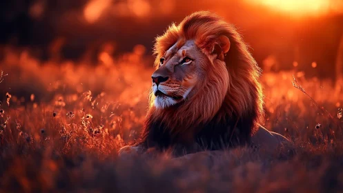 Regal lion rests in blazing sunset over golden savanna.