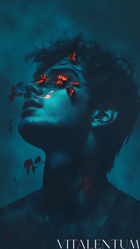 Midnight blossoms climb his gaze like burning constellations