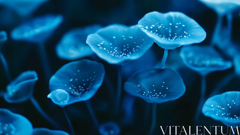 Blue bioluminescent mushroom caps display fine surface droplets