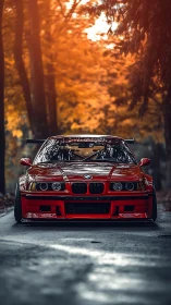 Red sports car glowing against cozy autumn forest road.