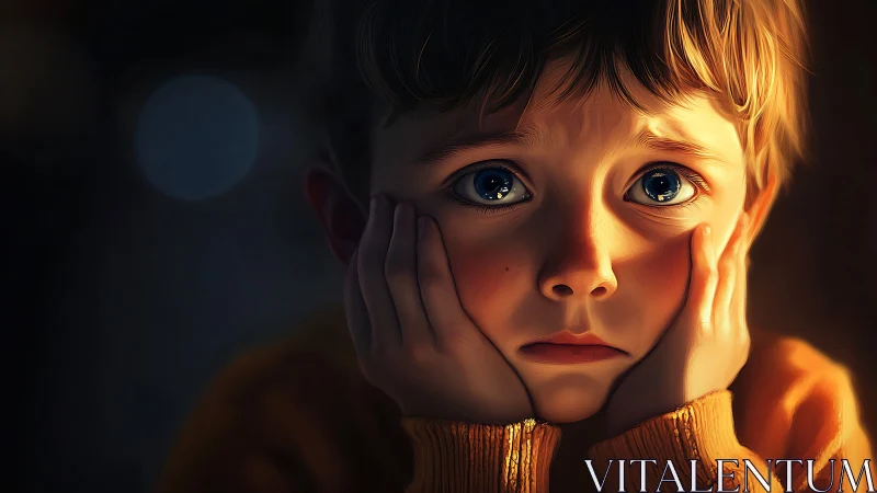 Digital painting portrait of pensive child in warm chiaroscuro.
