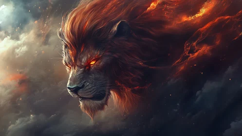Fiery lion head emerges from storm clouds in profile