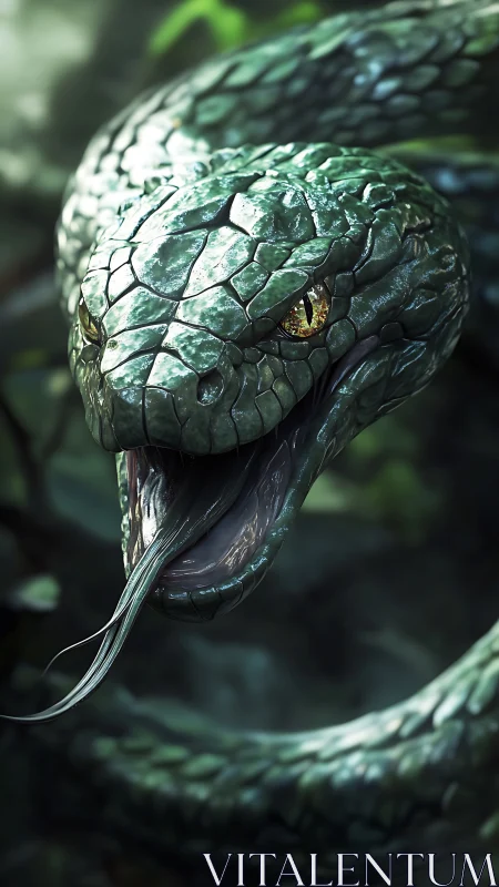 Coiled green serpent rendered with detailed scaled surface