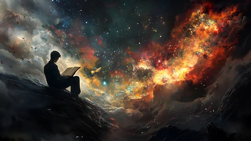 Silhouette reader under luminous cosmic nebula sky at night.