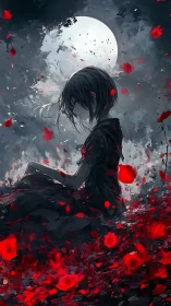 Melancholic silhouette girl under high-contrast moonlit sky