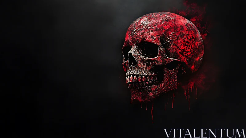 Fractured crimson skull with textured decay on black void.
