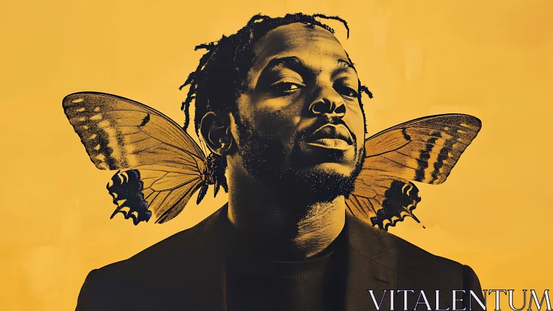 Portrait with butterfly wings against bold yellow field.