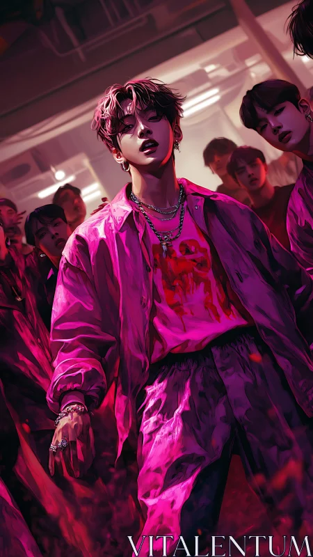 Neon-lit streetwear leader in cinematic magenta depth field.