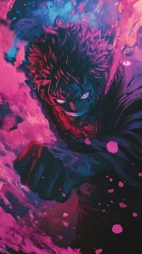 Intense anime fighter lunges forward in neon flames.