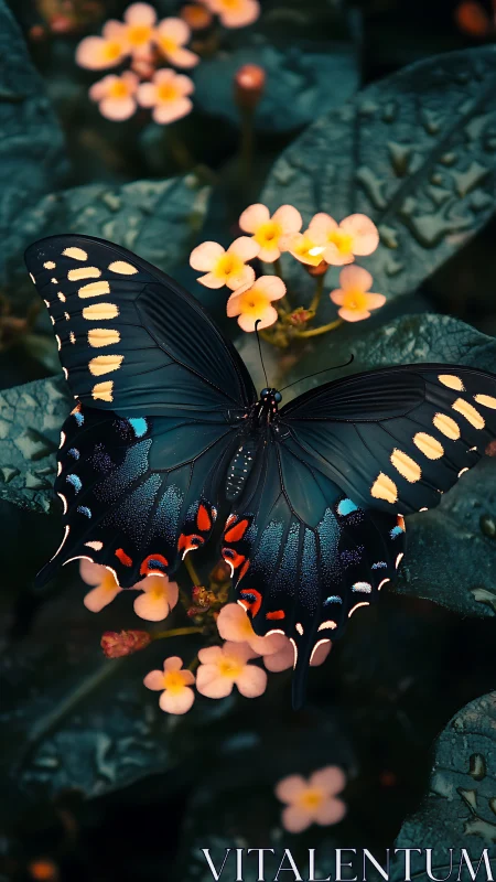 Midnight-toned butterfly rests gently among soft blossoms