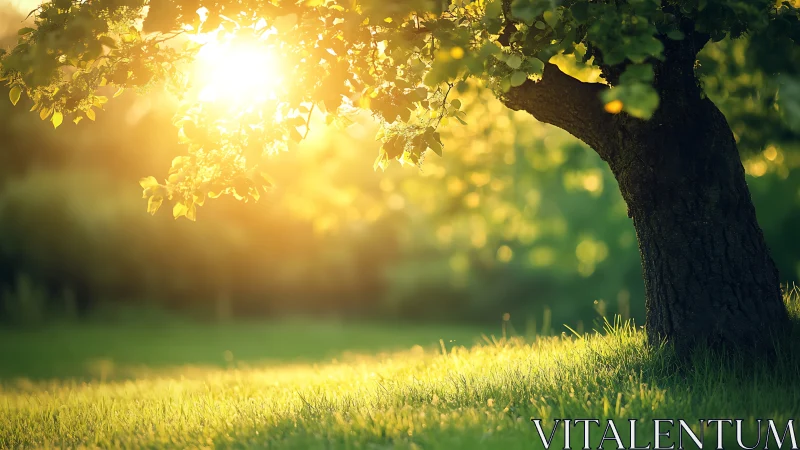 Golden sunset light filters through solitary meadow tree