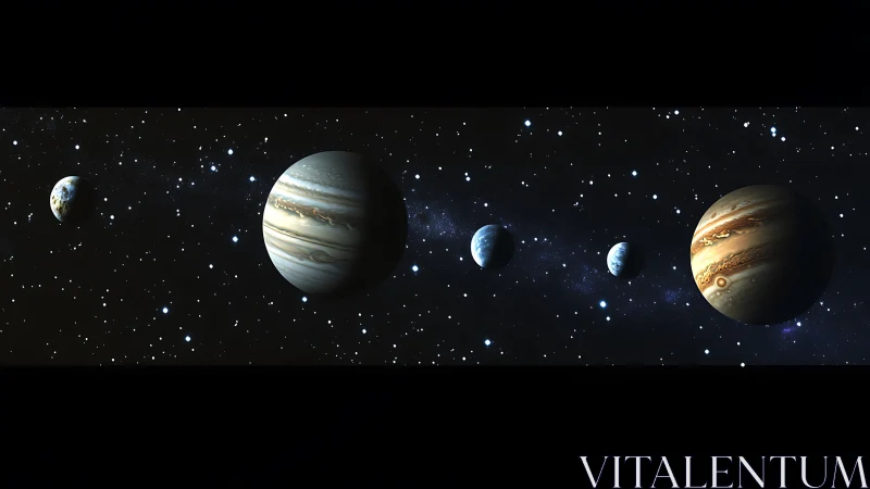 Planetary alignment rendering with gas giants and rocky worlds.