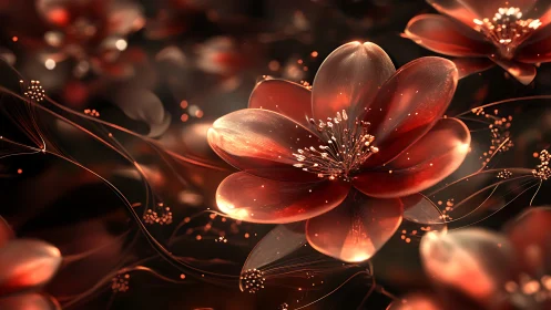 Glowing copper blossoms drifting through a dreamy twilight.