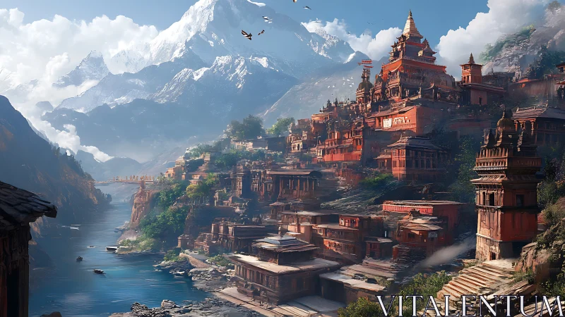 Terraced Himalayan river city integrates red temples and snow peaks