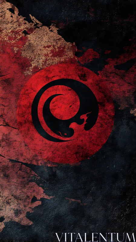 Twin serpent emblem coils within distressed red circle.