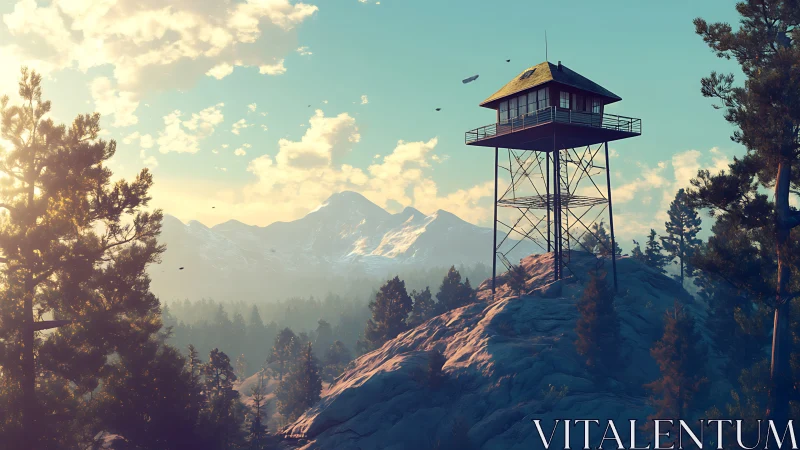 Cozy mountaintop lookout bathed in gentle sunset glow.