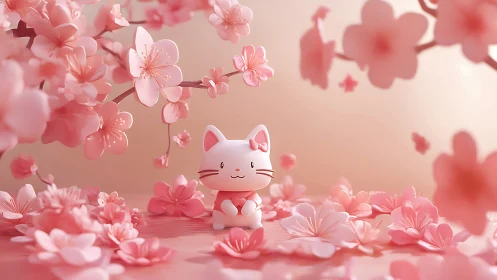 Three-dimensional rendered feline figure positioned among pink flowering botanical elements.