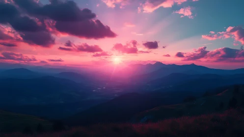 Sunset illuminates layered mountain ranges under dense clouds