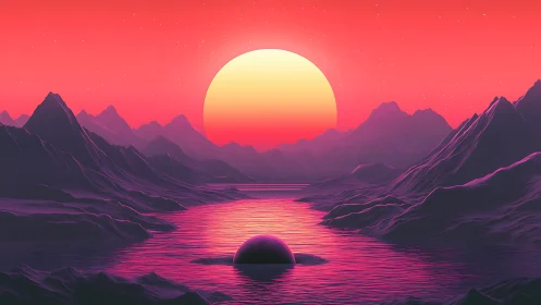 Neon alien sunrise floods a tranquil river between sharp peaks