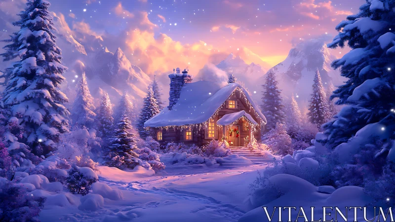 Snow-laden alpine cabin with festive lights at sunset glow