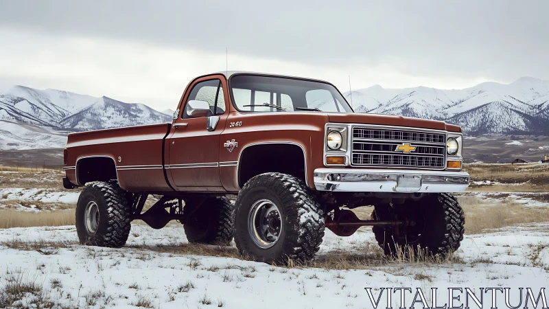Lifted classic Chevy pickup truck in snowy mountain valley.