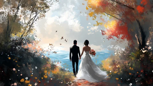 Romantic newlyweds walking toward lakeside autumn light.