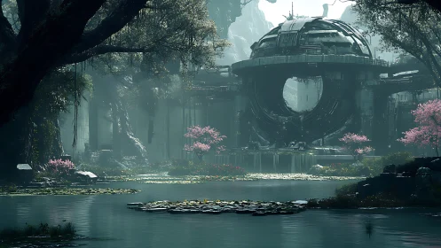 Forgotten orbiting temple dreams beneath misty cherry trees