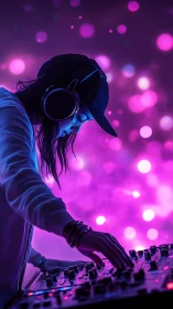 Nightclub DJ mixing tracks under neon pink bokeh lights.