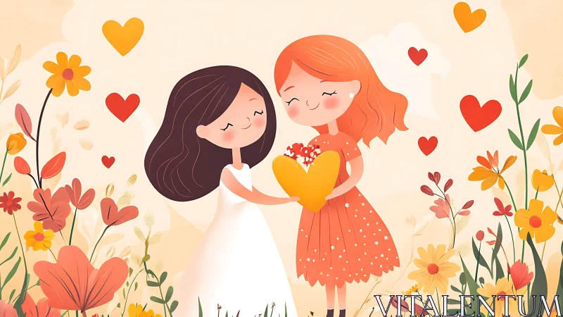 Two figures exchanging golden heart shape amid floral setting.