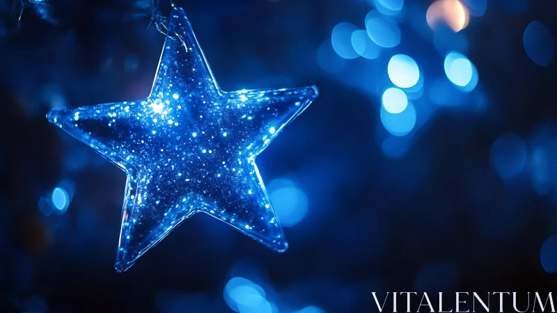 Blue glass star ornament with glowing bokeh lights.