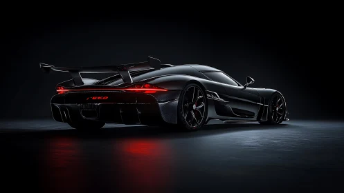 Photorealistic hypercar rear profile in cinematic low key lighting.