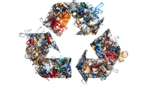 Recycling symbol made from colorful plastic bottles on white background.