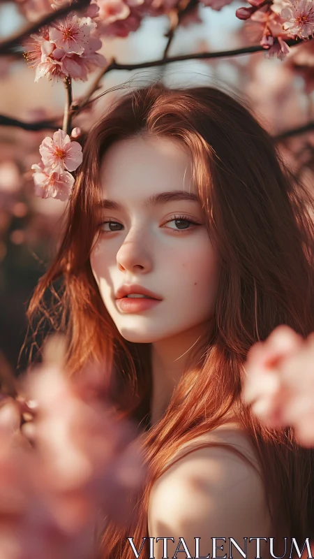 Young woman portrait framed by pink spring blossoms outdoors.