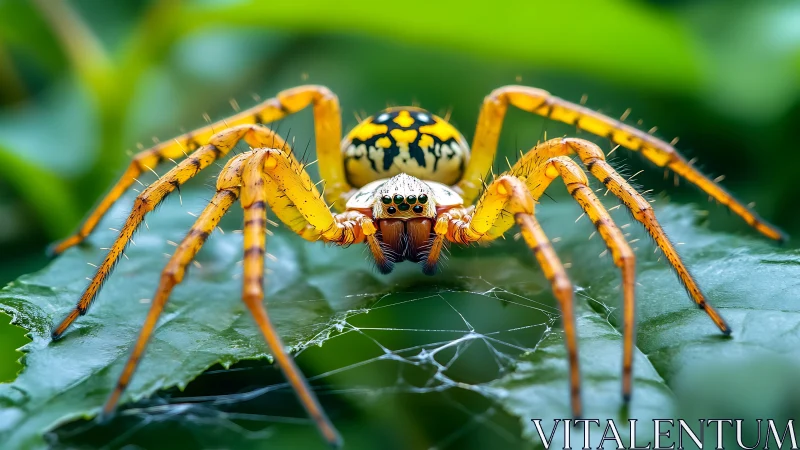 Bright yellow garden spider rests calmly on fresh green leaves