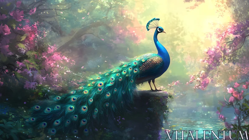 Chromatic peacock on mossed ledge in luminous floral glade.