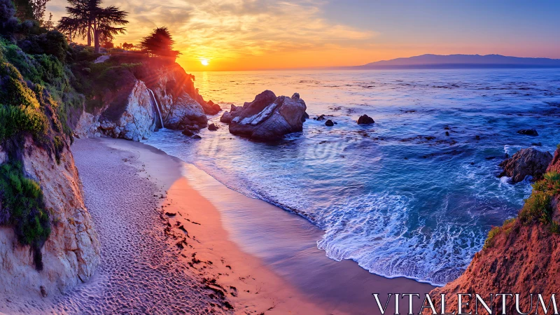 Sunlit coastal cove with waterfall, saturated dusk color gradients