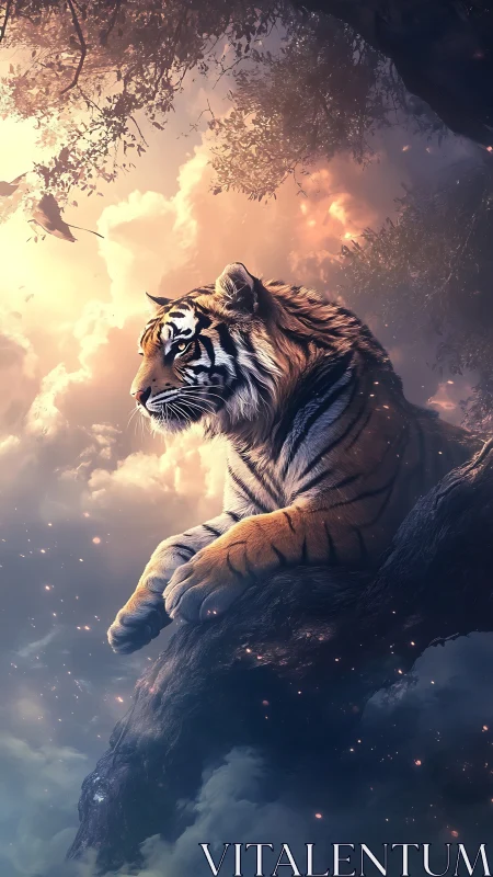 Dreamy twilight tiger resting above glowing clouds.