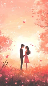 Couple standing together surrounded by blooming flowers and floating hearts