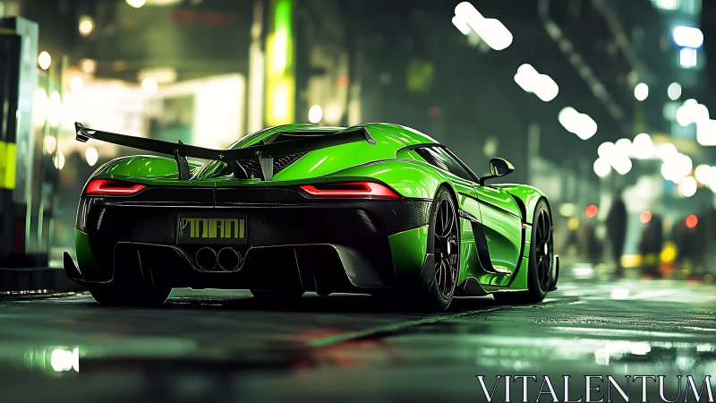 Electric green supercar glows against a rainy neon city street