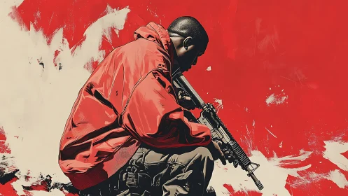 Figure in red jacket holding rifle against abstract red field